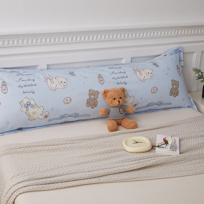 91家纺网 家纺一手货源 找家纺 翎盈家纺 2025新款纯棉小清新双人枕套 奶油阿布-蓝