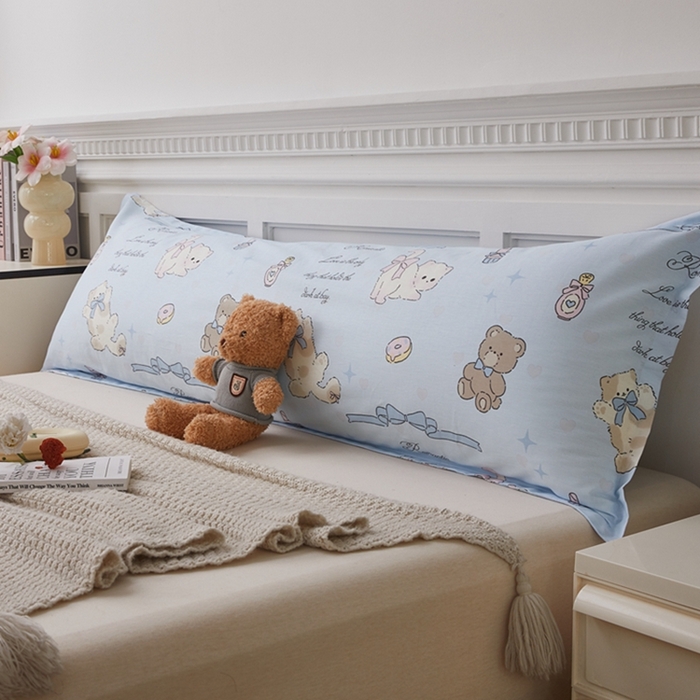 91家纺网 家纺一手货源 找家纺 翎盈家纺 2025新款纯棉小清新双人枕套 奶油阿布-蓝