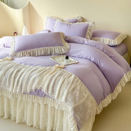 富米莱（原臻工厂）2025新款法式高端白月光水洗棉床盖四件套 紫色