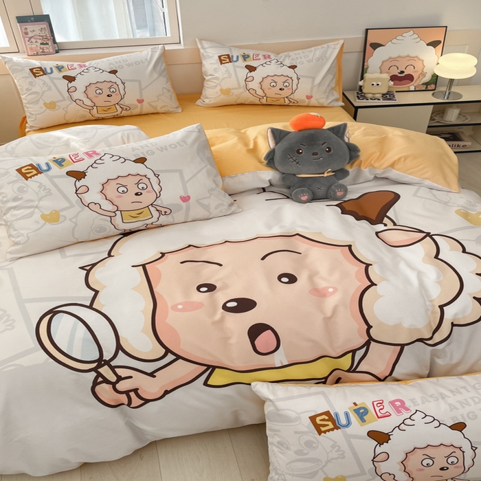 91家纺网 家纺一手货源 找家纺 金爱家 2025新款喜洋洋纯棉数码印花系列四件套 思考羊