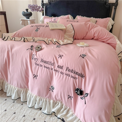 富盛家纺 2025新款水洗亲肤棉刺绣床裙款四件套公主风四件套 茹意—豆沙