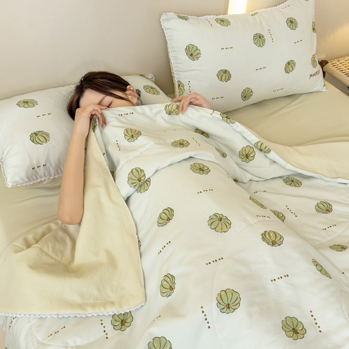 91家纺网 家纺一手货源 找家纺 仁凯家纺 2025新款针织棉双层纱棉花夏凉被【百分百新疆棉花填充包检测（提供买家秀）】 倾心南瓜