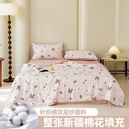 91家纺网 家纺一手货源 找家纺 仁凯家纺 2025新款针织棉双层纱棉花夏凉被【百分百新疆棉花填充包检测（提供买家秀）】 粉色蝴蝶结