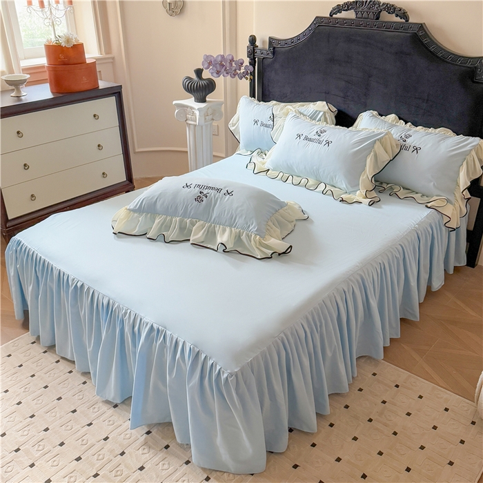 91家纺网 家纺一手货源 找家纺 富盛家纺 2025新款水洗亲肤棉刺绣床裙款四件套公主风四件套 茹意—蓝