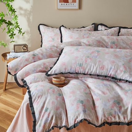 91家纺网 家纺一手货源 找家纺 （总）黛馨 2025新款全棉A类小清新双层纱四件套-皱皱边系列