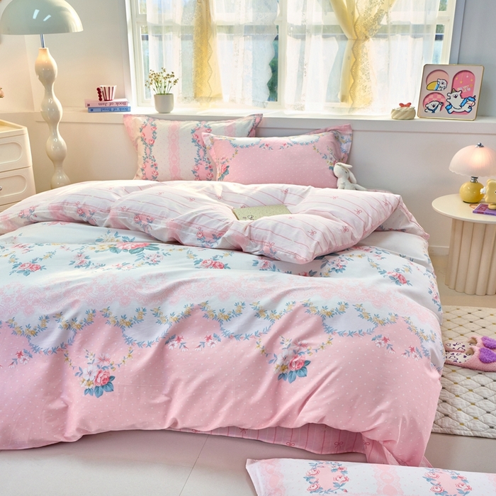 91家纺网 家纺一手货源 找家纺 珂博家纺 2025新款12868全棉纯棉小清新印花四件套 花馨之梦