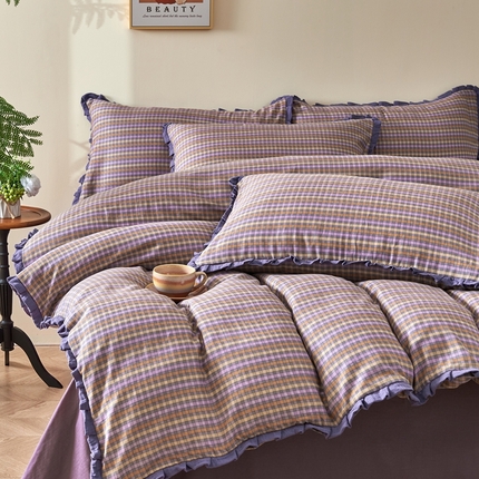 91家纺网 家纺一手货源 找家纺 （总）黛馨 2025新款全棉A类小清新双层纱四件套-皱皱边系列