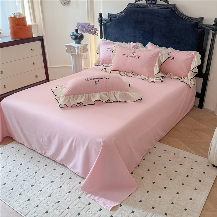 91家纺网 家纺一手货源 找家纺 富盛家纺 2025新款水洗亲肤棉刺绣床裙款四件套公主风四件套 茹意—豆沙