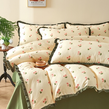 91家纺网 家纺一手货源 找家纺 （总）黛馨 2025新款全棉A类小清新双层纱四件套-皱皱边系列