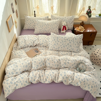 晚爱家纺2025新款ins风卡通小清新超柔裸睡水洗棉四件套学生宿舍三件套 紫韵