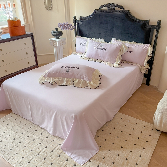 91家纺网 家纺一手货源 找家纺 富盛家纺 2025新款水洗亲肤棉刺绣床裙款四件套公主风四件套 茹意—紫