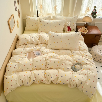 晚爱家纺2025新款ins风卡通小清新超柔裸睡水洗棉四件套学生宿舍三件套 彩色爱心