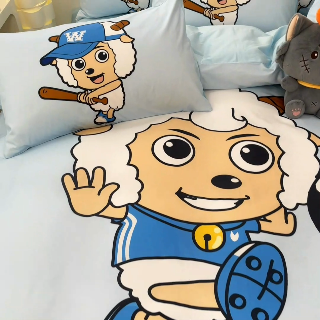 91家纺网 家纺一手货源 找家纺 金爱家 2025新款喜洋洋纯棉数码印花系列四件套 足球小子