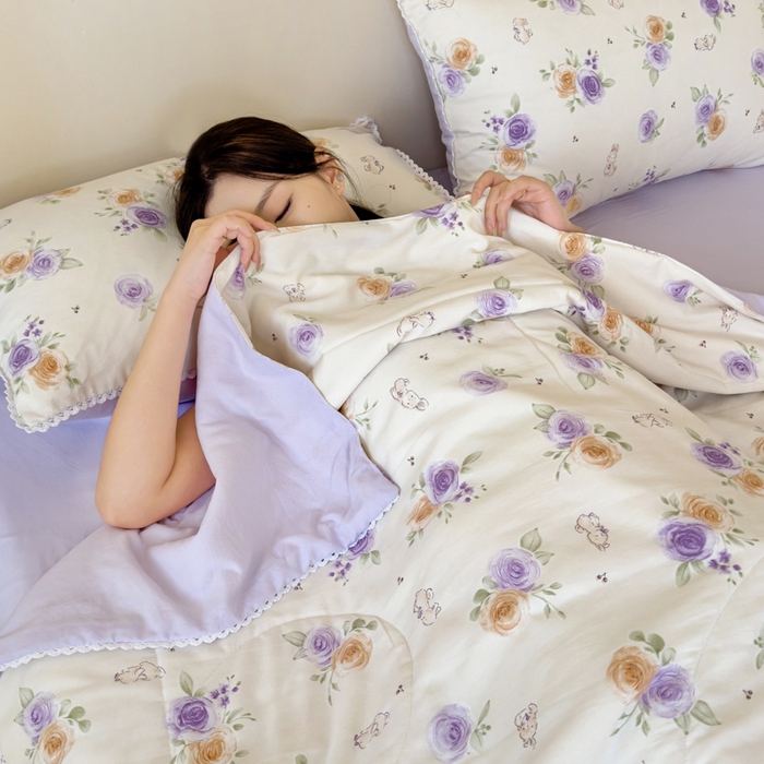 91家纺网 家纺一手货源 找家纺 仁凯家纺 2025新款针织棉双层纱棉花夏凉被【百分百新疆棉花填充包检测（提供买家秀）】 玫瑰兔