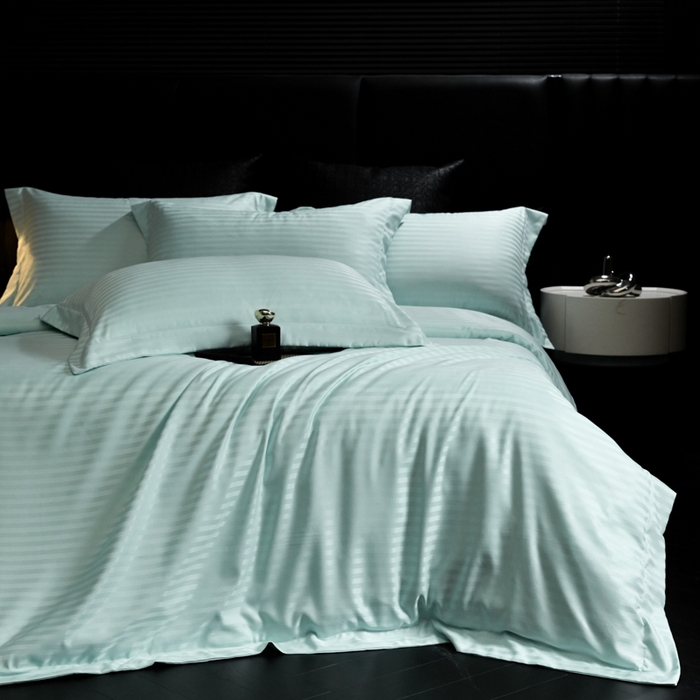 91家纺网 家纺一手货源 找家纺 绒世界 绒世界 2025新款四季款高端贡缎条纹水洗真丝四件套 白茶绿