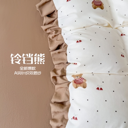 91家纺网 家纺一手货源 找家纺 晚爱（原晚安家居） 2025韩版花边四件套A类有氧针织双层纱天竺棉超柔小清新四件套 铃铛熊