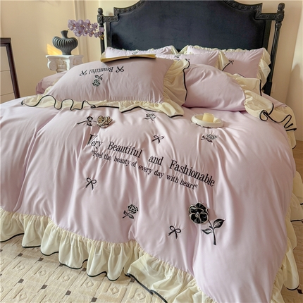 富盛家纺 2025新款水洗亲肤棉刺绣床裙款四件套公主风四件套 茹意—紫