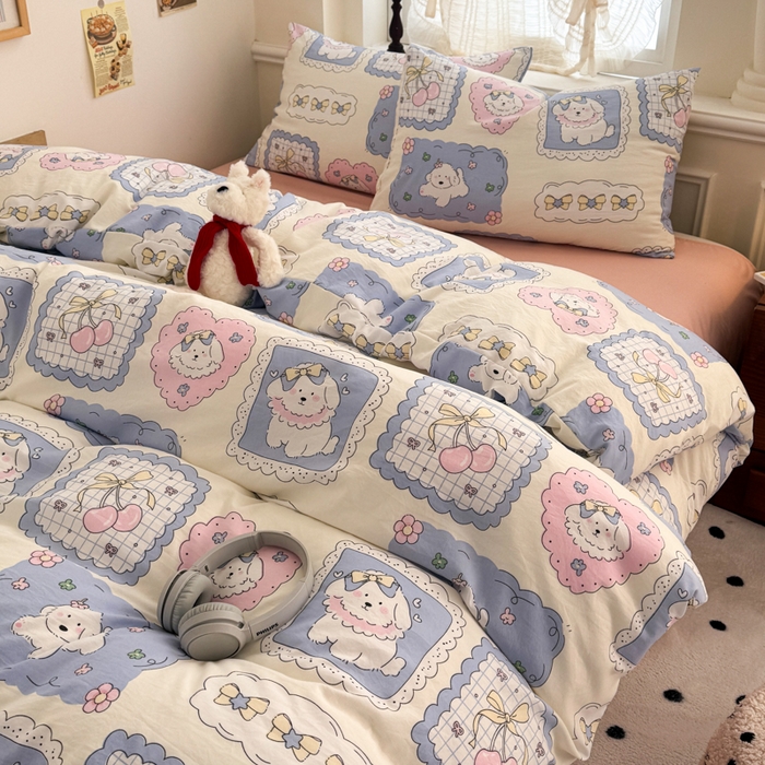 91家纺网 家纺一手货源 找家纺 晚爱家纺2025新款ins风卡通小清新超柔裸睡水洗棉四件套学生宿舍三件套 爱心小狗