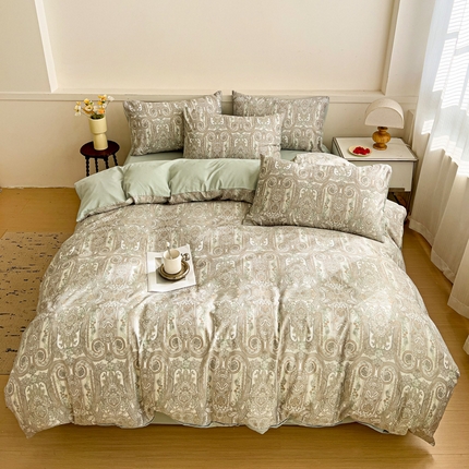 91家纺网 家纺一手货源 找家纺 庭彤 2025春夏新款莱赛尔天丝印花三件套四件套 佛罗伦萨浅绿