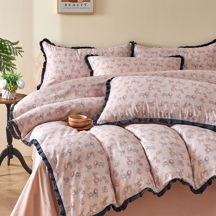 91家纺网 家纺一手货源 找家纺 （总）黛馨 2025新款全棉A类小清新双层纱四件套-皱皱边系列