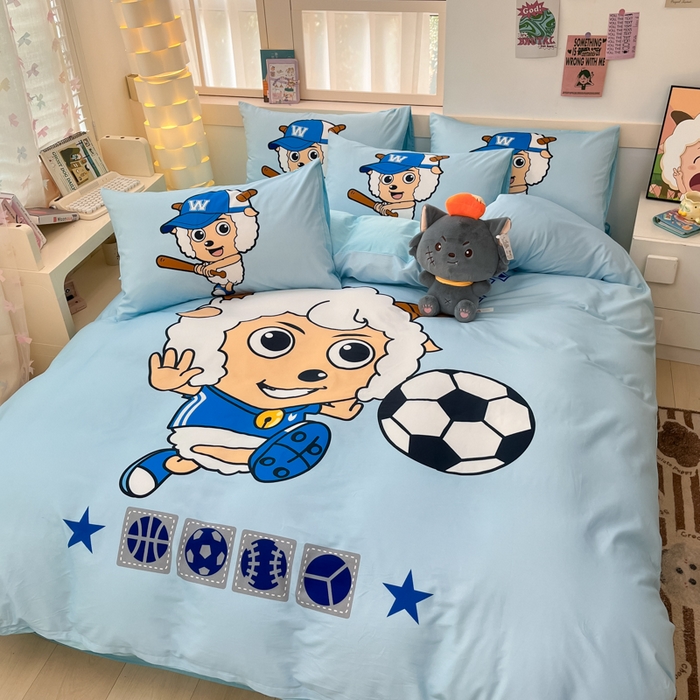 91家纺网 家纺一手货源 找家纺 金爱家 2025新款喜洋洋纯棉数码印花系列四件套 足球小子