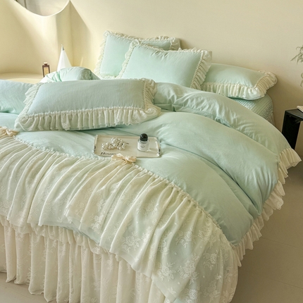 富米莱（原臻工厂）2025新款法式高端白月光水洗棉床盖四件套 绿色