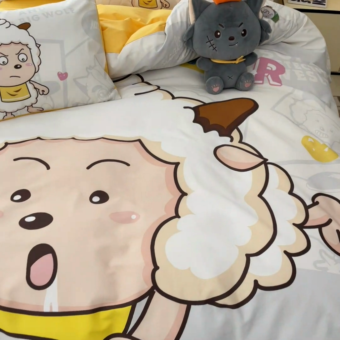 91家纺网 家纺一手货源 找家纺 金爱家 2025新款喜洋洋纯棉数码印花系列四件套 思考羊