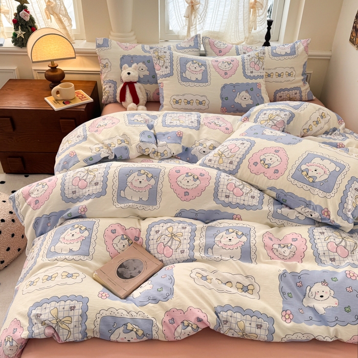 91家纺网 家纺一手货源 找家纺 晚爱家纺2025新款ins风卡通小清新超柔裸睡水洗棉四件套学生宿舍三件套 爱心小狗