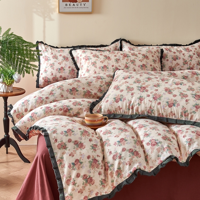 91家纺网 家纺一手货源 找家纺 （总）黛馨 2025新款全棉A类小清新双层纱四件套-皱皱边系列