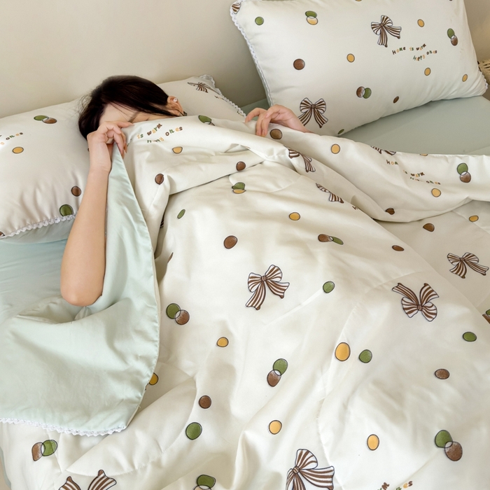 91家纺网 家纺一手货源 找家纺 仁凯家纺 2025新款针织棉双层纱棉花夏凉被【百分百新疆棉花填充包检测（提供买家秀）】 咖色蝴蝶结