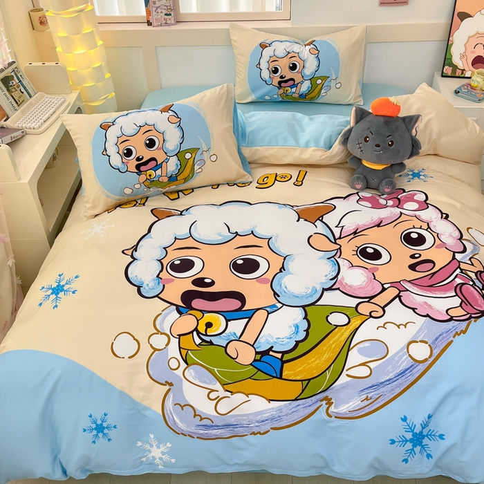 91家纺网 家纺一手货源 找家纺 金爱家 2025新款喜洋洋纯棉数码印花系列四件套 梦幻探险