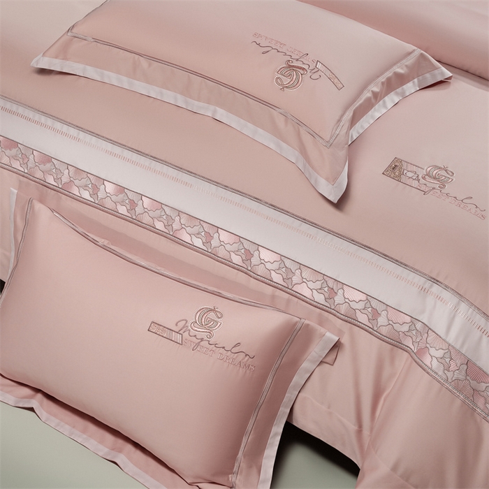 91家纺网 家纺一手货源 找家纺 高大尚婚庆馆 2025春夏新款 长绒棉高端绣花四件套-海歌娜 海歌娜-落樱粉