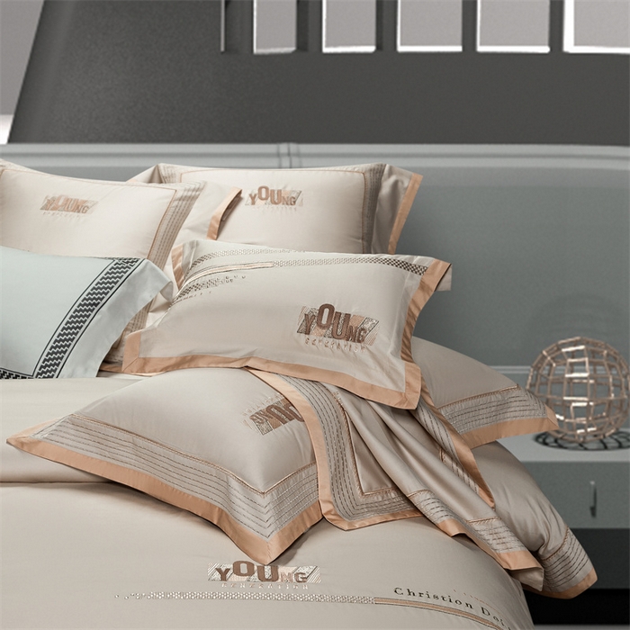 91家纺网 家纺一手货源 找家纺 高大尚婚庆馆 2025春夏新款 长绒棉高端绣花四件套-希米娅 卡其色