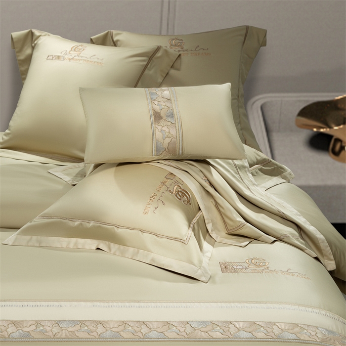 91家纺网 家纺一手货源 找家纺 高大尚婚庆馆 2025春夏新款 长绒棉高端绣花四件套-海歌娜 海歌娜-油果绿