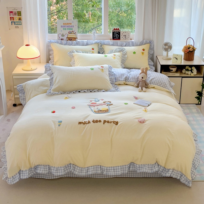 91家纺网 家纺一手货源 找家纺 梦之岛 2025新款ins韩版奶茶风云朵棉可爱毛巾绣四件套 奶茶-白蓝