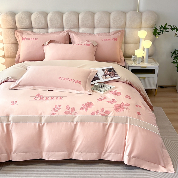 91家纺网 家纺一手货源 找家纺 桃园 2025新款洛芙琳系列纯棉全棉长绒棉刺绣绣花四件套(高端礼盒) 洛芙琳轻奢粉