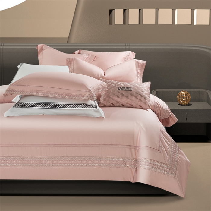 91家纺网 家纺一手货源 找家纺 高大尚婚庆馆 2025春夏新款 长绒棉高端绣花四件套-希尔顿 落樱粉