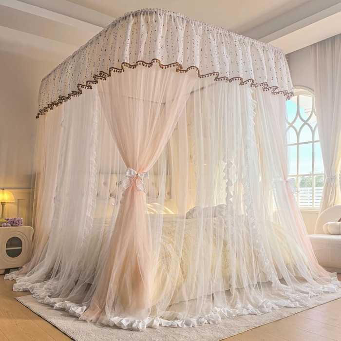 91家纺网 家纺一手货源 找家纺 夏彩  2025新款加柔加密铝合金接口高度可调节双层窗帘式导轨蚊帐88619 花语-玉