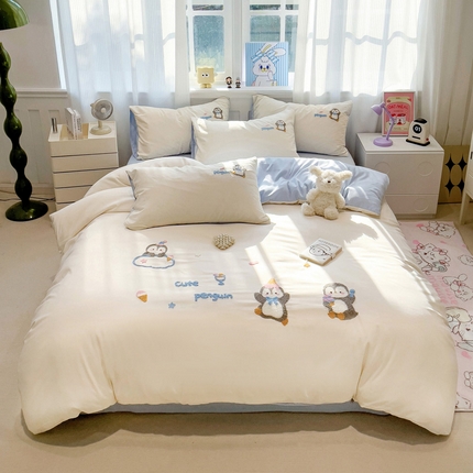 梦之岛 2025新款多巴胺云朵棉可爱毛巾绣四件套 快乐企鹅-白蓝