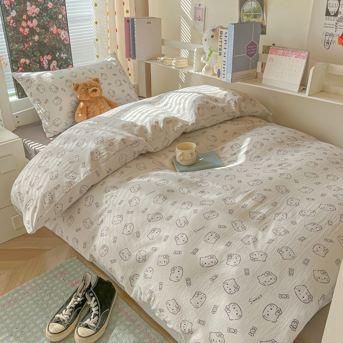 91家纺网 家纺一手货源 找家纺 韩巢家纺 2025新款云感双层纱超柔裸睡级学生宿舍上下铺床单被套三件套-（提供卖家秀） 猫咪恋人