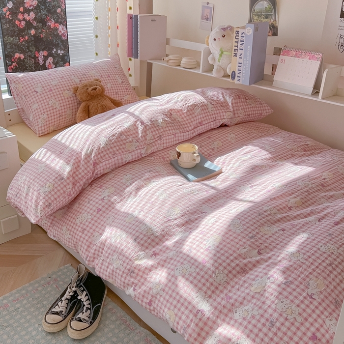 91家纺网 家纺一手货源 找家纺 韩巢家纺 2025新款云感双层纱超柔裸睡级学生宿舍上下铺床单被套三件套-（提供卖家秀） 猫猫晚宴