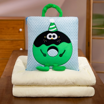 91家纺网 家纺一手货源 找家纺 中华鲟2025新款多功能豆豆绒提花网红抱枕毯卡通立体贴布刺绣抱枕被夏被 甜甜圈夏被-蓝