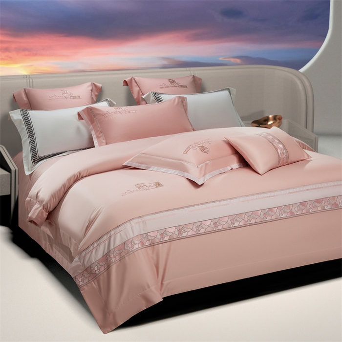 91家纺网 家纺一手货源 找家纺 高大尚婚庆馆 2025春夏新款 长绒棉高端绣花四件套-海歌娜 海歌娜-落樱粉