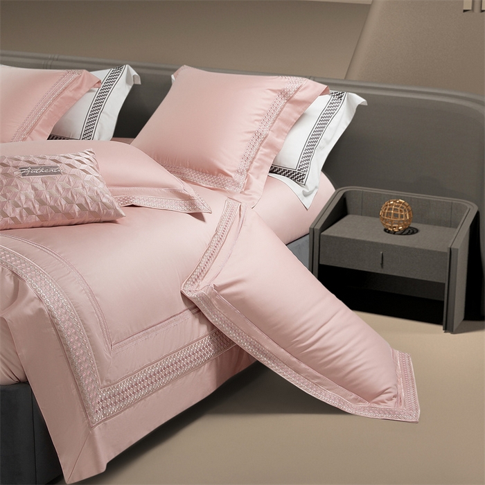 91家纺网 家纺一手货源 找家纺 高大尚婚庆馆 2025春夏新款 长绒棉高端绣花四件套-希尔顿 落樱粉