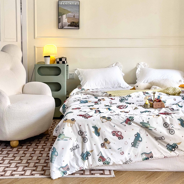 91家纺网 家纺一手货源 找家纺 绒梦里 2025新款儿童卡通系列A类凉感冰豆豆夏被 车车世界