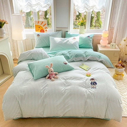 91家纺网 家纺一手货源 找家纺 （总）大境 2026新款色织全棉水洗棉刺绣四件套小清新纯棉四件套