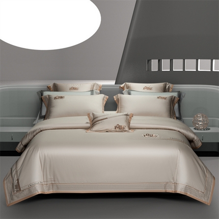 高大尚婚庆馆 2025春夏新款 长绒棉高端绣花四件套-希米娅 卡其色