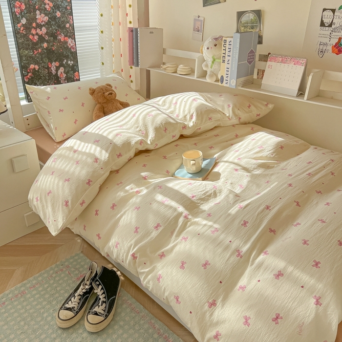 91家纺网 家纺一手货源 找家纺 韩巢家纺 2025新款云感双层纱超柔裸睡级学生宿舍上下铺床单被套三件套-（提供卖家秀） 粉相思