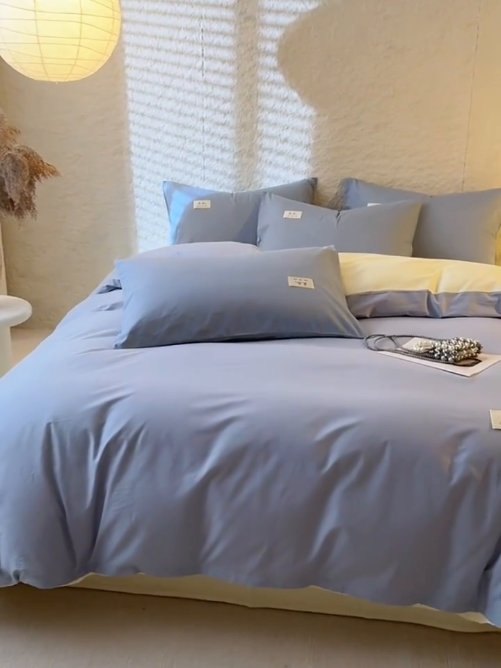 91家纺网 家纺一手货源 找家纺 眠博士 2025新款高支高密全棉双拼40支纯色四件套场景二 全棉拼色-浅蓝+浅黄