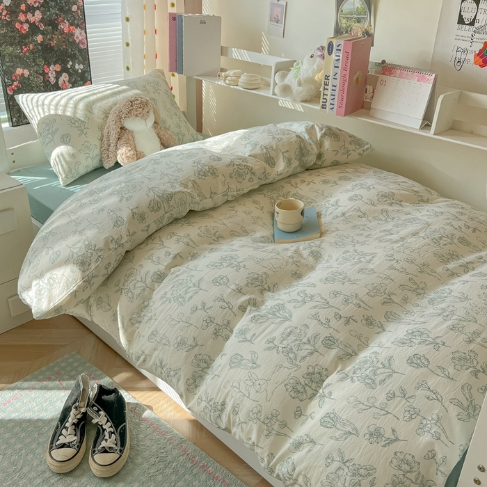 91家纺网 家纺一手货源 找家纺 韩巢家纺 2025新款云感双层纱超柔裸睡级学生宿舍上下铺床单被套三件套-（提供卖家秀） 海像森林